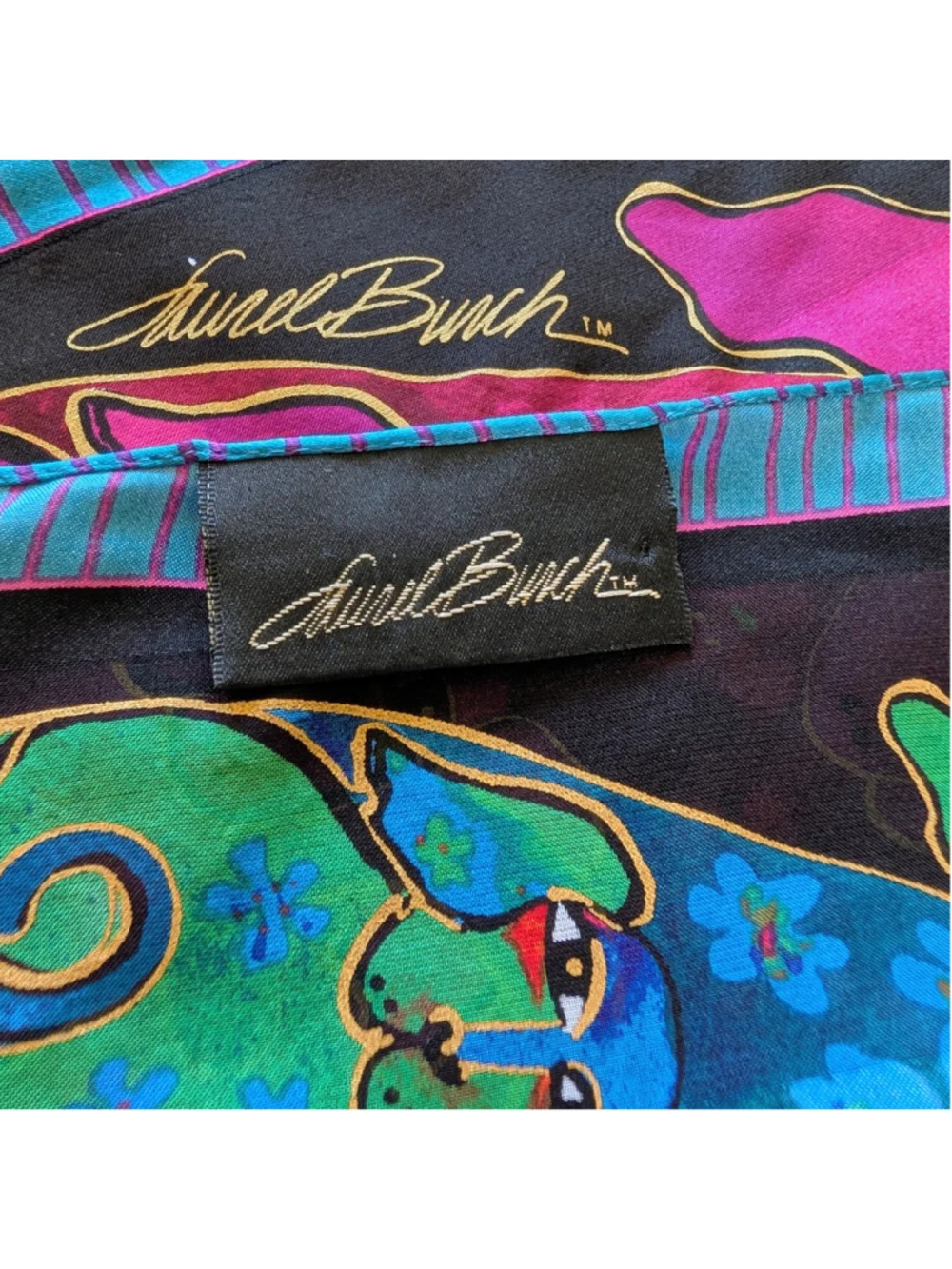 Laurel Burch 100% Silk Dog Scarf Wearable Art Colorful Long Oblong Wrap 52”